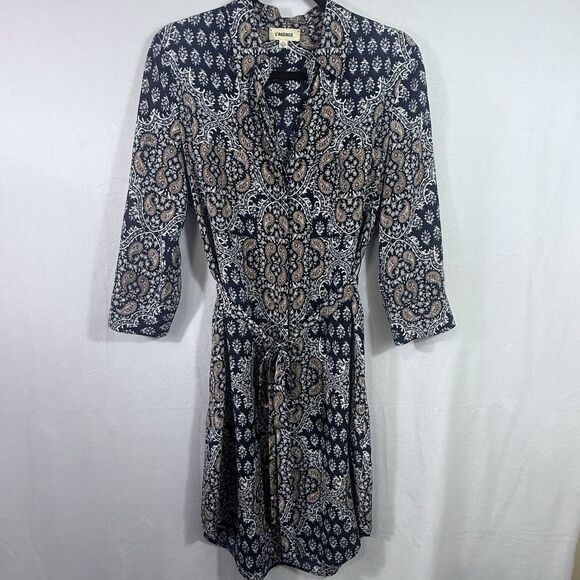 L'Agence Navy 100% Silk Paisley Tie Belt Button Front Shirt Stella Dress Size S - Picture 1 of 14